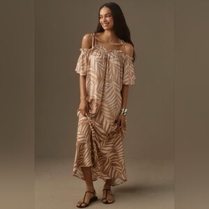 Anthropologie - Conditions Apply Printed Tie-Strap Kaftan in Khaki Leaf Motif